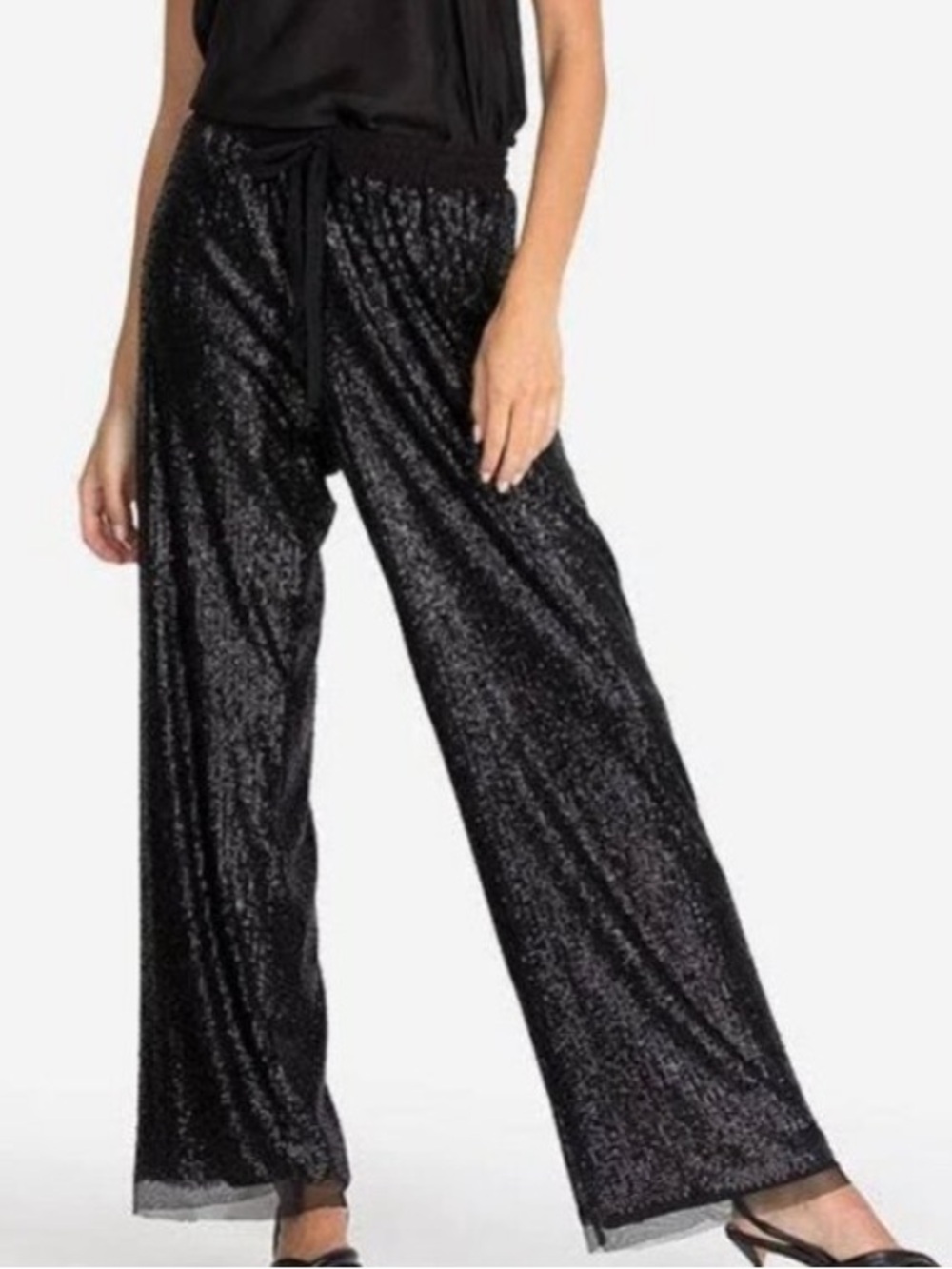 Johnny Was Grace Black Sequin Wide Leg Pants Drawstring Boho Glam NWT Sz S